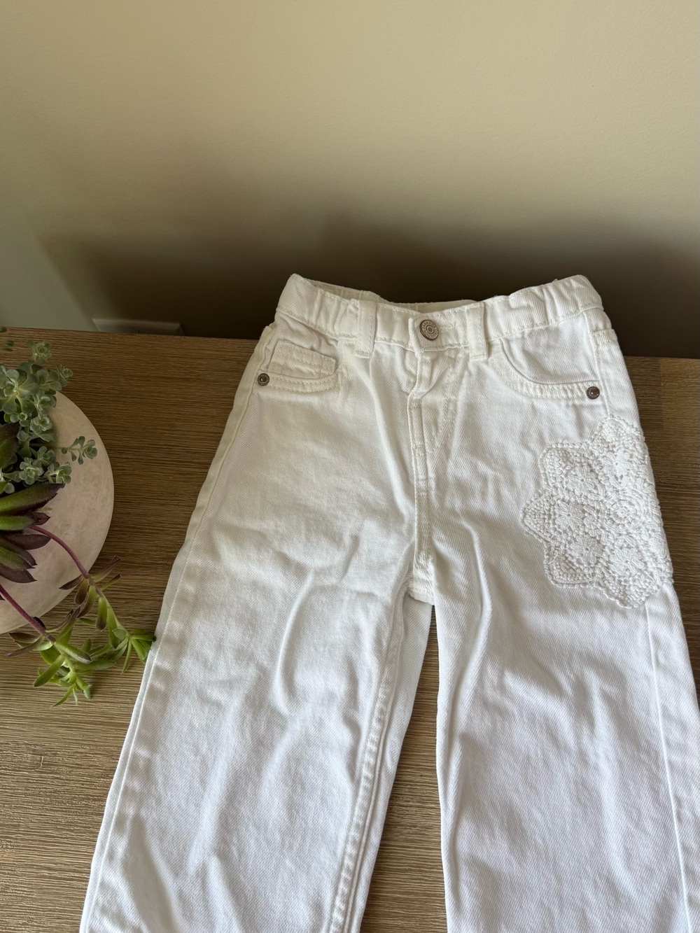 Zara White Straight-Leg Jeans with Crochet Patch